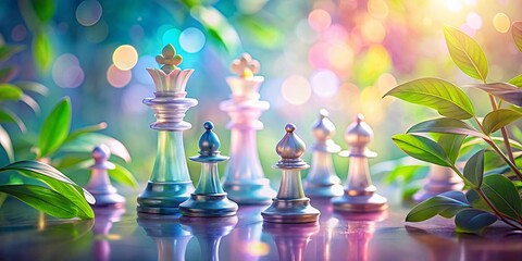 Wall Mural - Pastel Chess Strategy: Abstract Bokeh Leaves & Geometric Shapes