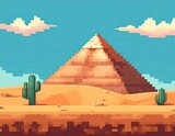 Pixel art, pixelated pyramid stands in a desert landscape under a bright blue sky