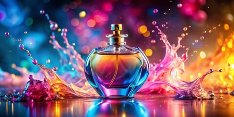 Wall Mural - pink background perfume bottle with colorful liquid splashes & bokeh
