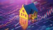 © ANUAR - Miniature yellow house model on digital graph background representing real estate investment and market analysis in vibrant colors and financial data visualization