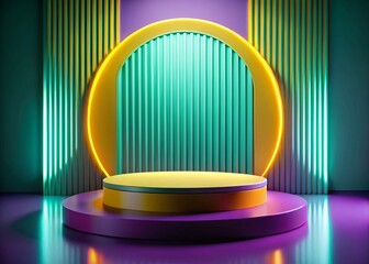 Wall Mural - purple minimalist circular podium product display with geometric yellow & turquoise background
