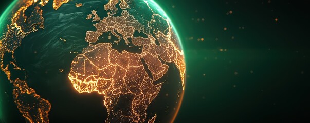 Fototapete - A glowing representation of Earth highlighting continents with digital connections and vibrant lighting against a dark background.