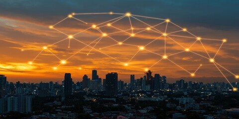 Fototapete - A city skyline at sunset, connected by glowing lines representing a network, symbolizing technology and urban connectivity.