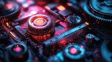Colorful concept of interlocking cogsgears on mechanical industrial background, showcasing the intricate movementprecision engineering of machinery in bold, vibrant design