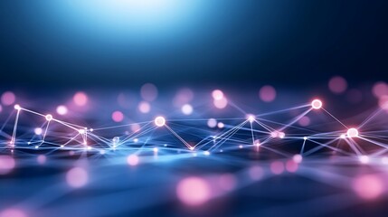 Abstract network with illuminated nodes connected by lines on a dark blue background