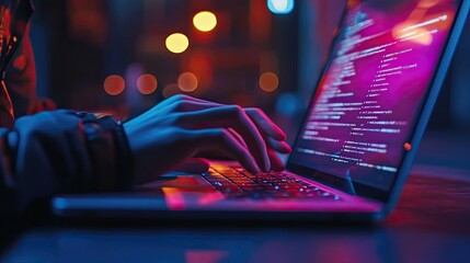 Computer programmer typing JavaScript code on laptop for software developmentweb design, representing coding, innovation, the development process in digital technology