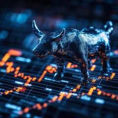 Poster - Metallic Bull on Financial Chart: An Illustration of Market Trends and Economic Growth