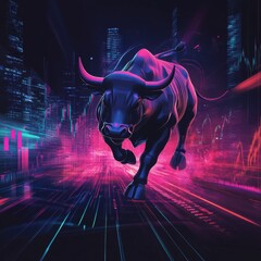 Poster - Neon Bull in the Financial District: A Cyberpunk Take on the Stock Market Symbol, Showcasing Financial Growth and Futuristic Market Trends