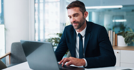 Aufkleber - Businessman, typing and research with laptop for financial report, review or corporate statistics. Male person, accountant or smile on computer for company finance, budget or planning at workplace