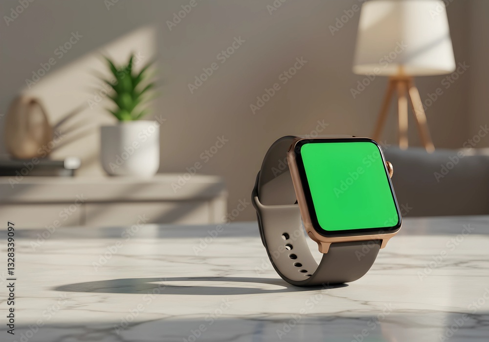 Smartwatch with Green Screen Display on Marble Table in Modern Setting ...