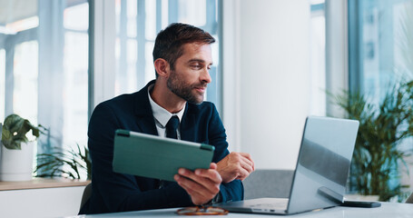 Aufkleber - Business man, tablet and laptop in office with reading, review or research for finance, budget or stock market. Person, digital touchscreen and scroll on application with stats, growth and investment