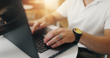 Aufkleber - Remote work, hands and typing on laptop in cafe for email communication, online report and freelancing. Entrepreneur, man and technology in coffee shop for business, startup proposal and web research