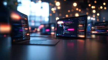 Code displays on multiple laptops, blurred lights in background, modern workplace