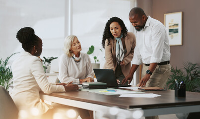 Aufkleber - Laptop, talking and meeting with business people in office for strategy, teamwork and research. Company growth, market report and brainstorming with employees in agency for discussion and planning