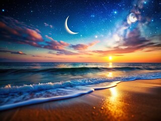Wall Mural - Serene Nightscape: Crescent Moon, Starry Sky, Calm Ocean Tilt-Shift