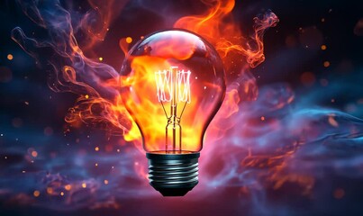 Wall Mural - A glowing light bulb surrounded by vibrant flames and swirling smoke, creating a dramatic effect