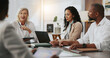 © peopleimages.com - Laptop, teamwork and meeting with business people in office for strategy, project and research. Company growth, market report and brainstorming with employees in agency for discussion and planning