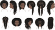 © Anomal - Set of female afro hairstyles. Collection of dreads and afro braids for a girl. Black and white illustration for a hairdrymaker.