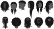 © Anomal - Set of female afro hairstyles. Collection of dreads and afro braids for a girl. Black and white illustration for a hairdrymaker.