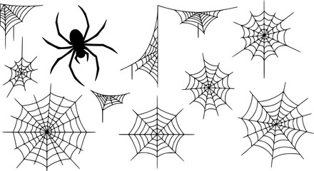 Set of web silhouettes. Spider web collection for halloween. Black and white illustration of elements for decor for the celebration of Halloween.
