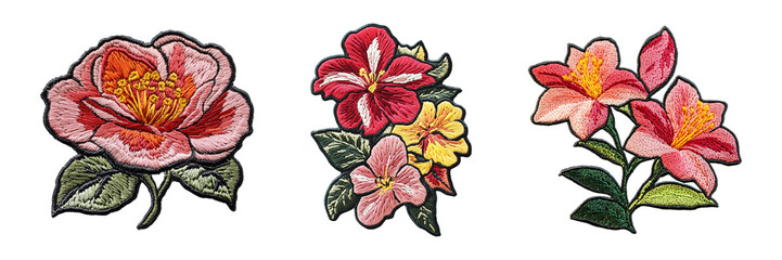 vibrant colorful floral embroidery patch with leaves isolated on transparent background, in png form