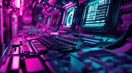 A futuristic interior displays computer terminals with complex data
