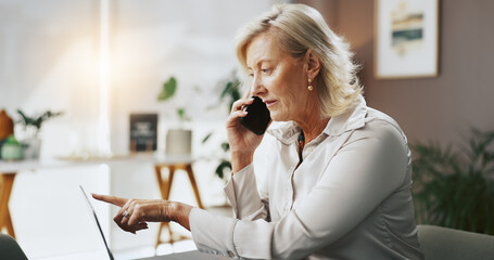 Aufkleber - Office, businesswoman and laptop with phone call for discussion, case email and lawyer for legal aid. Career, mature person and attorney with mobile for corporate justice, point research and contact