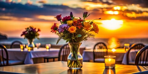 Wall Mural - Silhouette of Flowers in Vase on Romantic Restaurant Table at Sunset