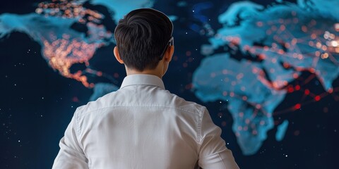 Fototapete - A person in a white shirt gazes at a digital world map illuminated with lights, suggesting a focus on global connectivity and technology.