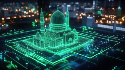 Digital representation displays futuristic mosque building architecture concept design