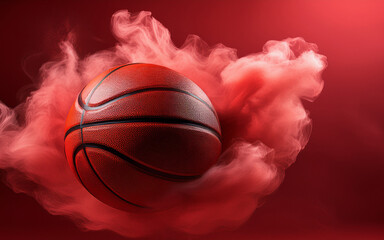 Wall Mural - Basketball ball on red background with smoke. 