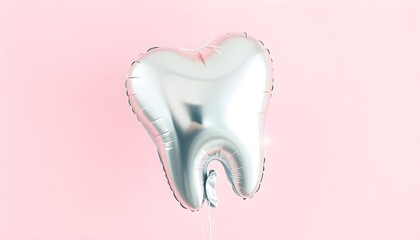 Poster - A shiny foil balloon shaped like a tooth, floating against a soft pastel pink background, perfect for oral health day
