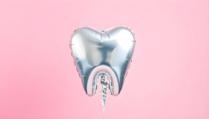 Poster - A shiny foil balloon shaped like a tooth, floating against a soft pastel pink background, perfect for oral health day