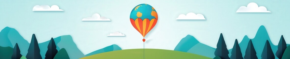 Wall Mural - a colorful kite in the shape of earth flying over a meadow.