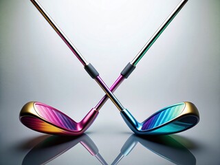 Wall Mural - surreal golf clubs x-shape: abstract sports minimalist white background stock photo