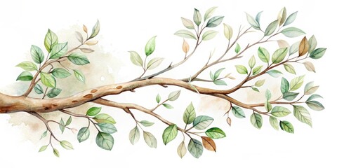 A watercolor illustration of a sprawling tree branch, adorned with vibrant green leaves and delicate twigs, set against a muted beige backdrop