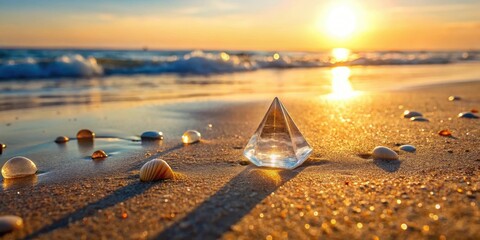 Wall Mural - golden hour seascape crystal pyramid and seashells on sandy beach at sunset