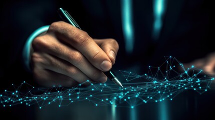 Wall Mural - Hand signing digital contract, network background