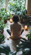 © Maria - Serene Sanctuary: a person surrounded by plants and candles in peaceful meditation, creating a soothing atmosphere.