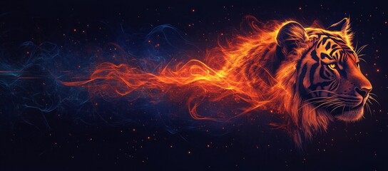 Wall Mural - a tiger is shown with its head and body in the air. a majestic tiger, made of swirling fire, stands 