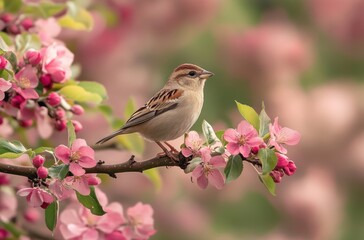 Naklejka na meble Charming little bird perched on a blooming branch surrounded by vibrant pink flowers during a serene spring morning in nature's beautiful garden