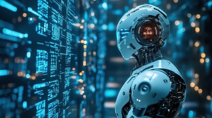 humanoid robot analyzing data stream on virtual display, representing advanced ai processing capabil