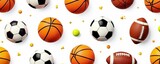 Seamless pattern of basketballs, soccer balls, footballs, and tennis balls on a white background, tennis, pattern, football