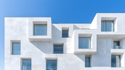 Fototapete - A modern, minimalist building featuring unique geometric windows against a clear blue sky