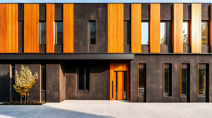 Fototapete - A modern building featuring a striking combination of black and orange vertical panels, surrounded by a clean outdoor space