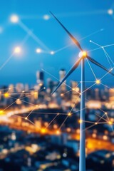 Wall Mural - a city skyline with glowing wind turbines on rooftops.