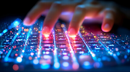 Person typing on a glowing keyboard, futuristic technology concept