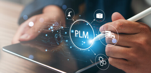 plm program lifecycle management application development technology concept. hand interaction with v