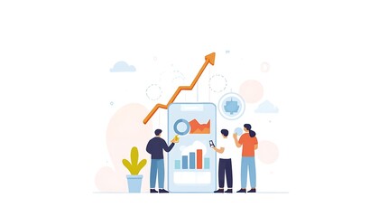 Team Analyzing Mobile App Data Showing Upward Growth Trend