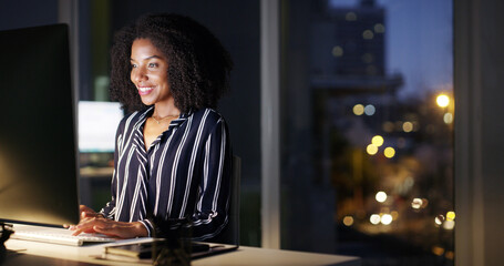 Aufkleber - Computer, night and business with black woman typing press release for media, public relations or deadline. Creative, startup or happy worker on technology for email, planning event or office project
